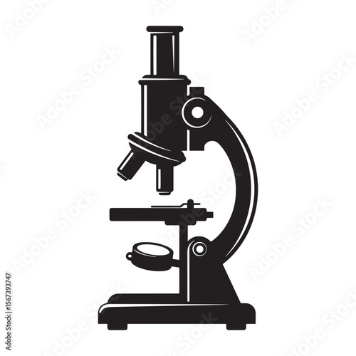 Detailed black and white silhouette of a classic scientific microscope for research and study