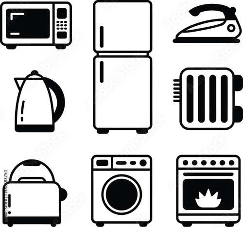 Vector household appliances icons set kitchen appliances refrigerator microwave washing machine and oven illustration