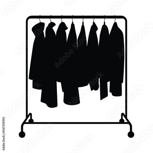 Black silhouette of various coats and jackets hanging on a clothing rack