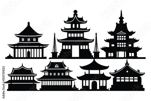 Silhouette of Asian Temples and Pagodas Landscape