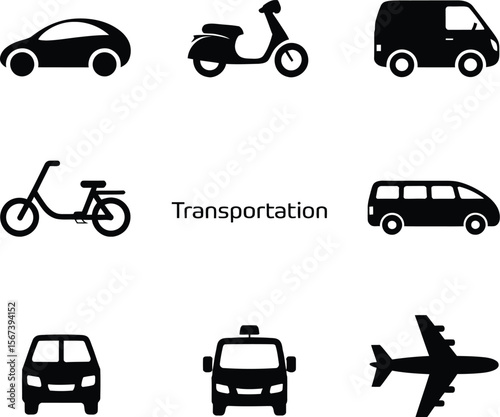 Transportation vehicles icons set car scooter bike van bus airplane vector silhouette design graphic 100