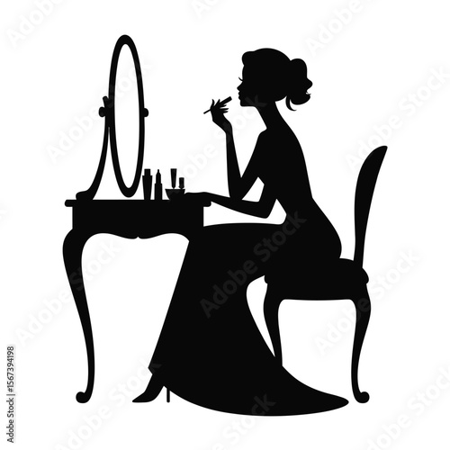 Elegant silhouette of a woman applying makeup at a vanity table