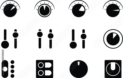 Black and White Control Knobs and Sliders Graphic Icons Set