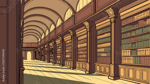 old historical library hall with many bookshelves