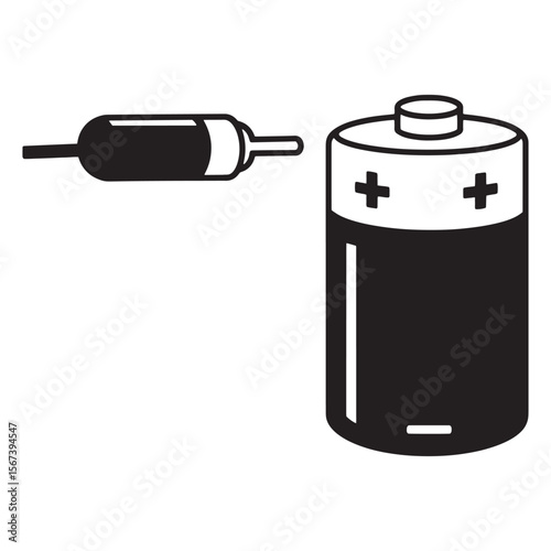 Illustration of a black and white aa battery with corresponding battery plug graphic