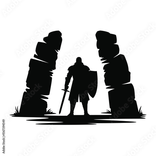 Silhouette of a medieval knight with sword and shield standing between two large rocks
