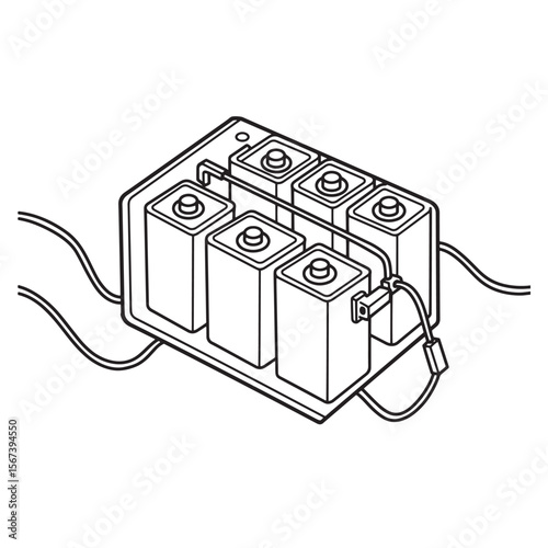 Illustration of a battery charger holding and charging several 9-volt square batteries for reuse.