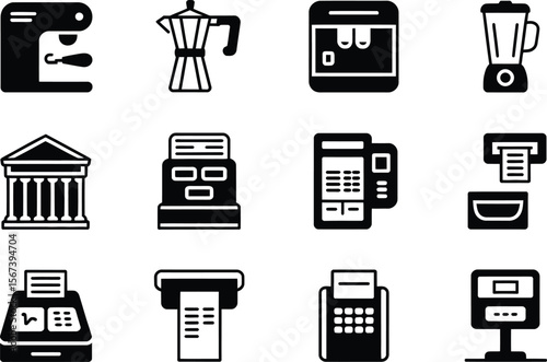 Black and White Icons Set of Kitchen Appliances and Cash Registers