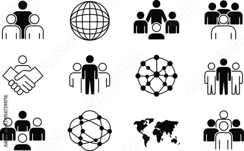 Black and White Global Teamwork Icons Set group people