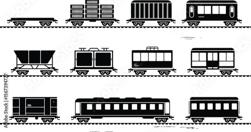 Black and White Railroad Car Icons Set Freight Passenger Trains