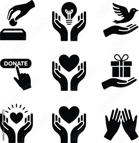 Donate charity help giving support love care kindness hope peace idea present hand vector icons set