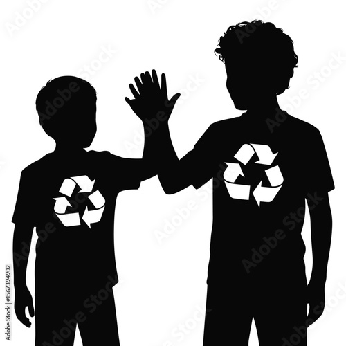 Two children in silhouette giving each other a high five wearing shirts with recycling symbols