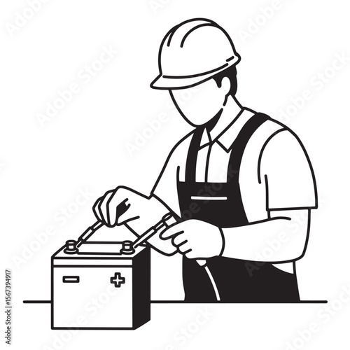 Mechanic attaching jumper cables to car battery in simple black and white illustration