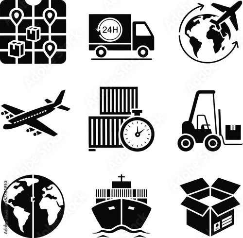 Global logistics delivery transportation shipping import export supply chain freight management icons set vector