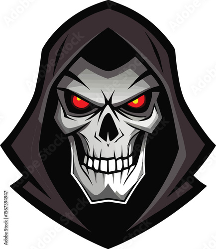 Grim Reaper Illustration: A chilling digital illustration of the Grim Reaper, a symbol of mortality, featuring a skeletal face with intense red eyes peering out from beneath a dark, hooded cowl.
