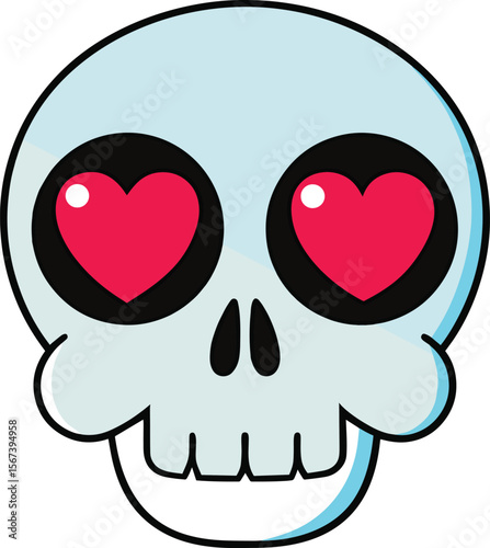 Skull in Love: A charming illustration featuring a skull with red heart-shaped eyes, radiating an aura of quirky affection.