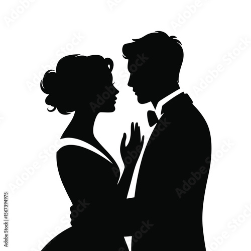 Elegant couple silhouette embracing tenderly in formal attire
