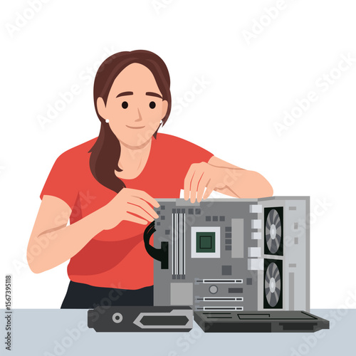 Woman Building a Desktop Computer. Flat vector illustration isolated on white background