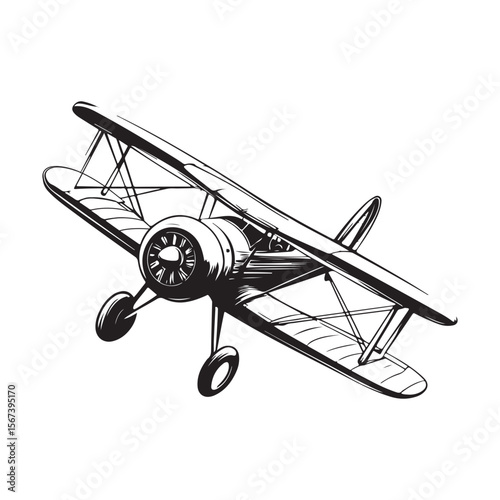  A classic biplane takes flight, its elegant form captured in stark silhouette against the bright sky, evoking a sense of adventure and the golden age of aviation