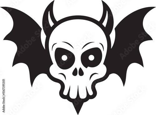 Skull with Devil Horns and Bat Wings: A striking skull illustration featuring devil horns and bat wings, rendered in bold black and white. Perfect for spooky, edgy designs.