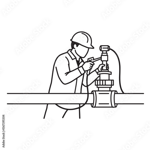 Plumbing technician working on a pipe system depicted in a minimalist black and white style