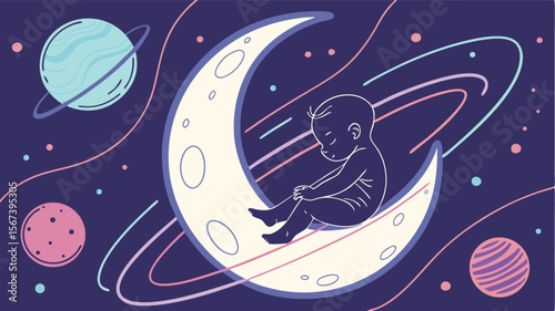 baby sitting on moon in dreamy space scene