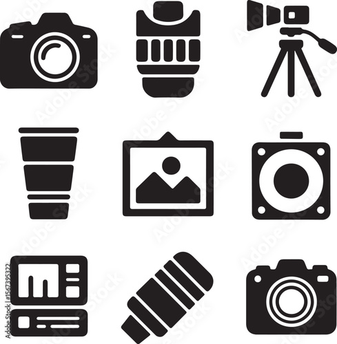 Photography Equipment Icons Cameras, Lenses, and Accessories
