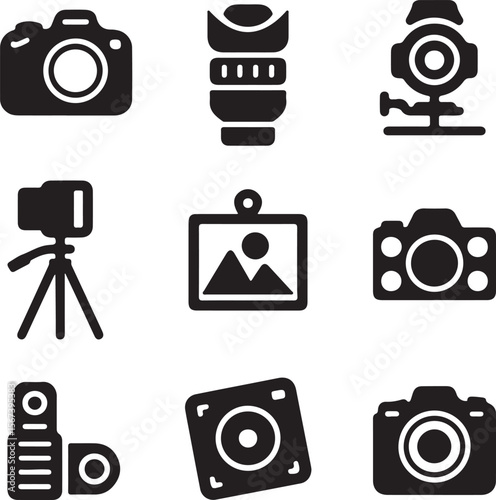 Photography Equipment Icons Camera, Lens, Tripod, and More