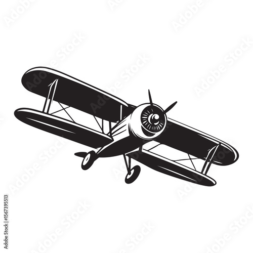  A classic biplane takes flight, its elegant form captured in stark silhouette against the bright sky, evoking a sense of adventure and the golden age of aviation