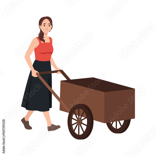 Woman Pushing a Wooden Cart. Flat vector illustration isolated on white background