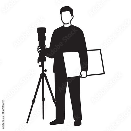 Silhouette of a photographer holding camera and reflector on white background