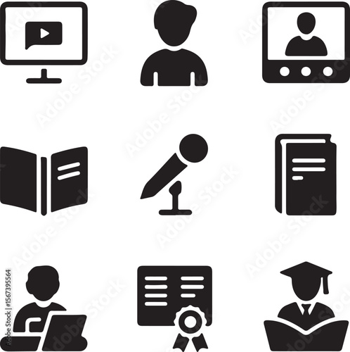 Online Education Icons E-learning, Courses, and Distance Learning Symbols