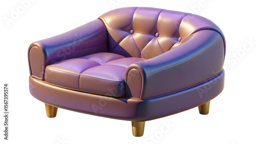 Luxurious and modern purple armchair rendered in 3d with golden legs isolated on black
