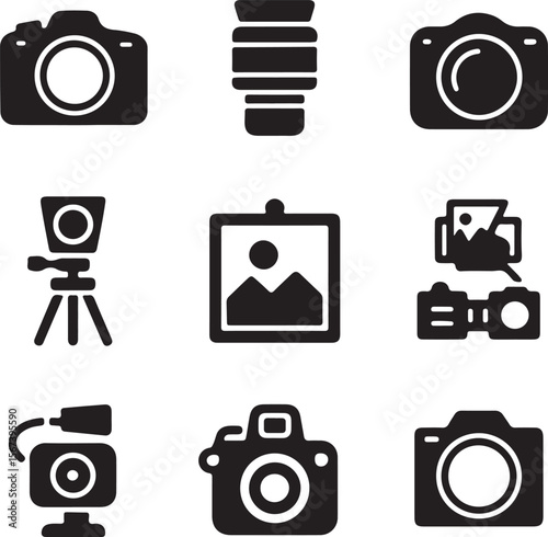 Photography Equipment Icons Cameras, Lenses, Tripods, and More