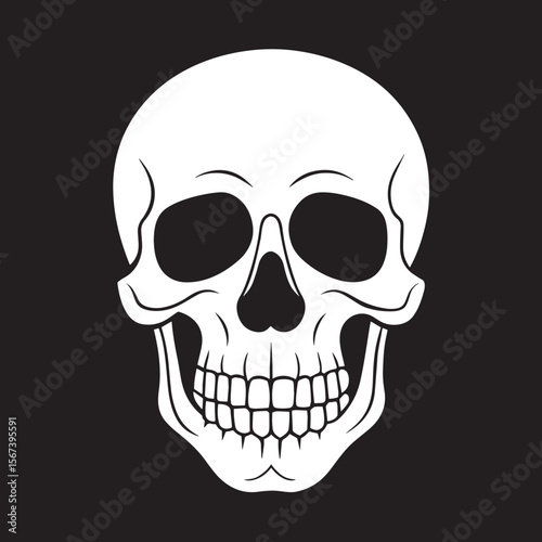 Human Skull Graphic: A detailed illustration of a human skull, featuring sharp lines and stark contrast against a dark background.  Perfect for Halloween, medical illustrations, or artistic projects.