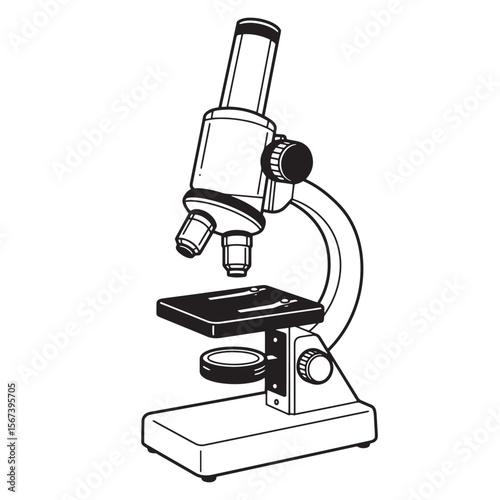 Simple black and white illustration of a classic compound microscope for science and education