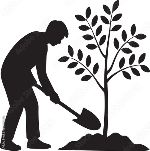 Silhouette of Man Planting Tree - Environment & Growth
