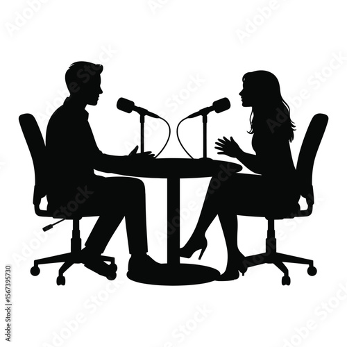 Silhouette of a man and woman interviewing with microphones at a table