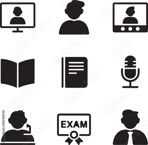Online Education Icons E-learning, Video Conferencing, and Exam Symbols
