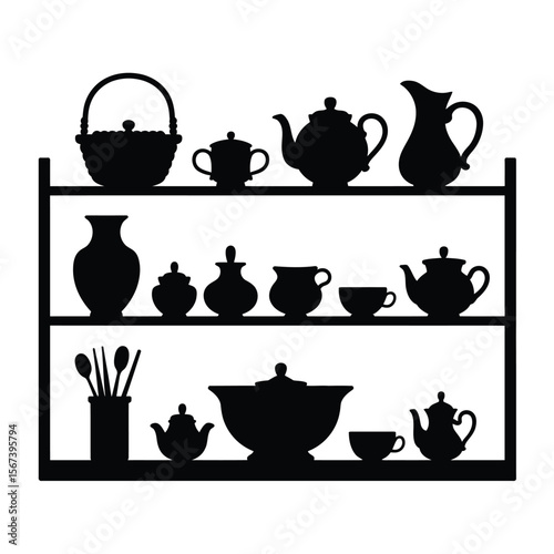 Black silhouette of kitchenware and serving dishes displayed on a three tiered shelf