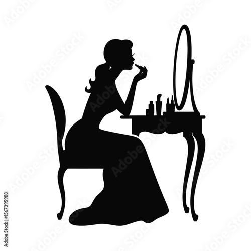 Elegant silhouette of a woman applying lipstick at a vanity table with mirror