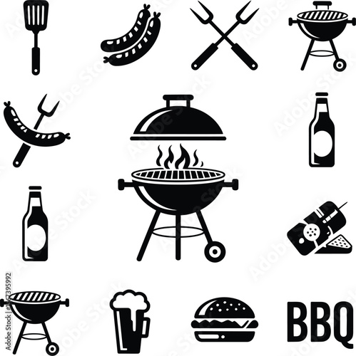 Bbq grill party vector illustration with sausage burger beer and barbecue tools icon set design 100character