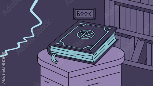 magic spell book on table in dark old library room