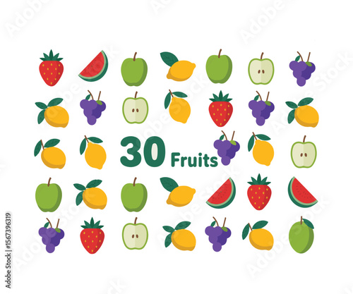 Collection of thirty colorful cartoon fruits including strawberries apples lemons grapes and watermelon slices