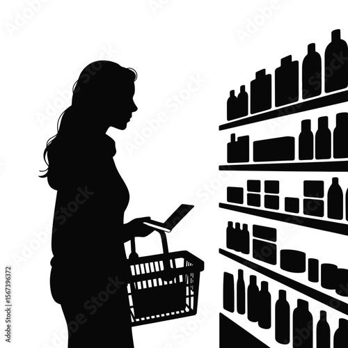 Silhouette of a woman with a shopping basket and phone browsing store shelves
