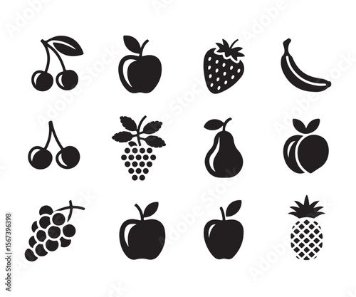 Collection of twelve black fruit icons on a white background