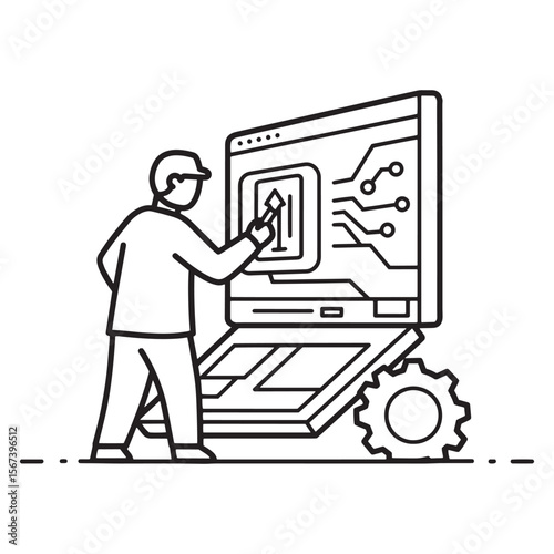 Software developer working on a computer with circuit board and a gear vector illustration