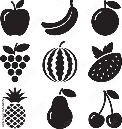 Collection of Black and White Fruit Icons Apple, Banana, Orange, Grapes, Watermelon, Strawberry, Pineapple, Pear, Cherry