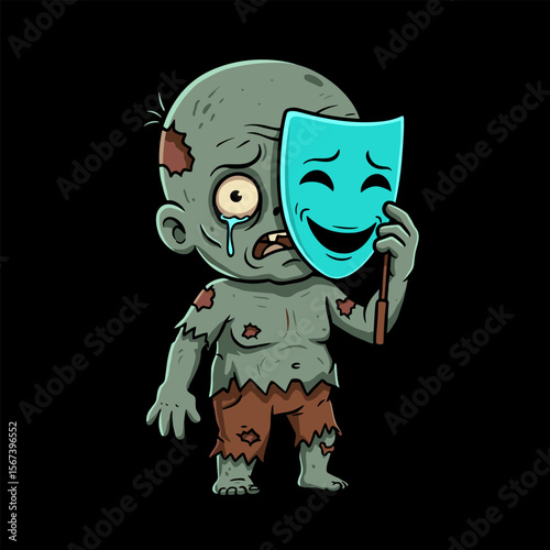 Sad cartoon zombie with wide eyes and a tear, holding a cheerful blue mask, dressed in torn shorts with greenish skin and patches, expressing hidden emotion.