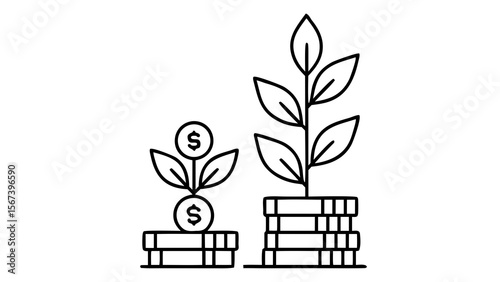 Two plants growing from stacks of coins with dollar signs isolated on white background